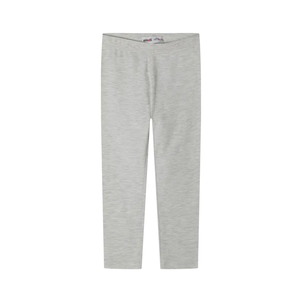 Single taupe coloured jersey leggings laid flat showing full length and elasticated waistband detail on black background