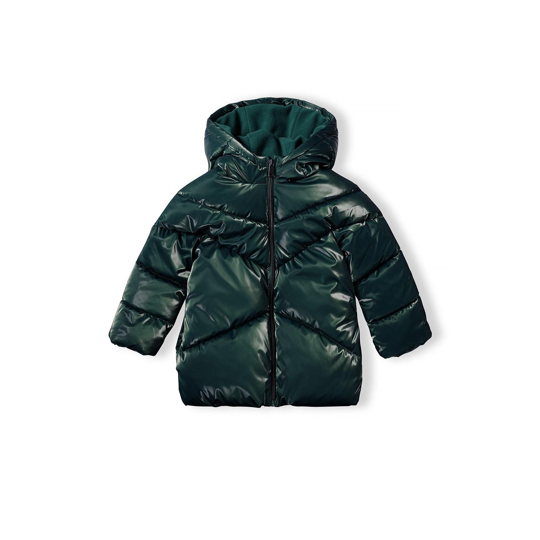 Back view of metallic dark green padded jacket showing quilted design and hood construction on white background