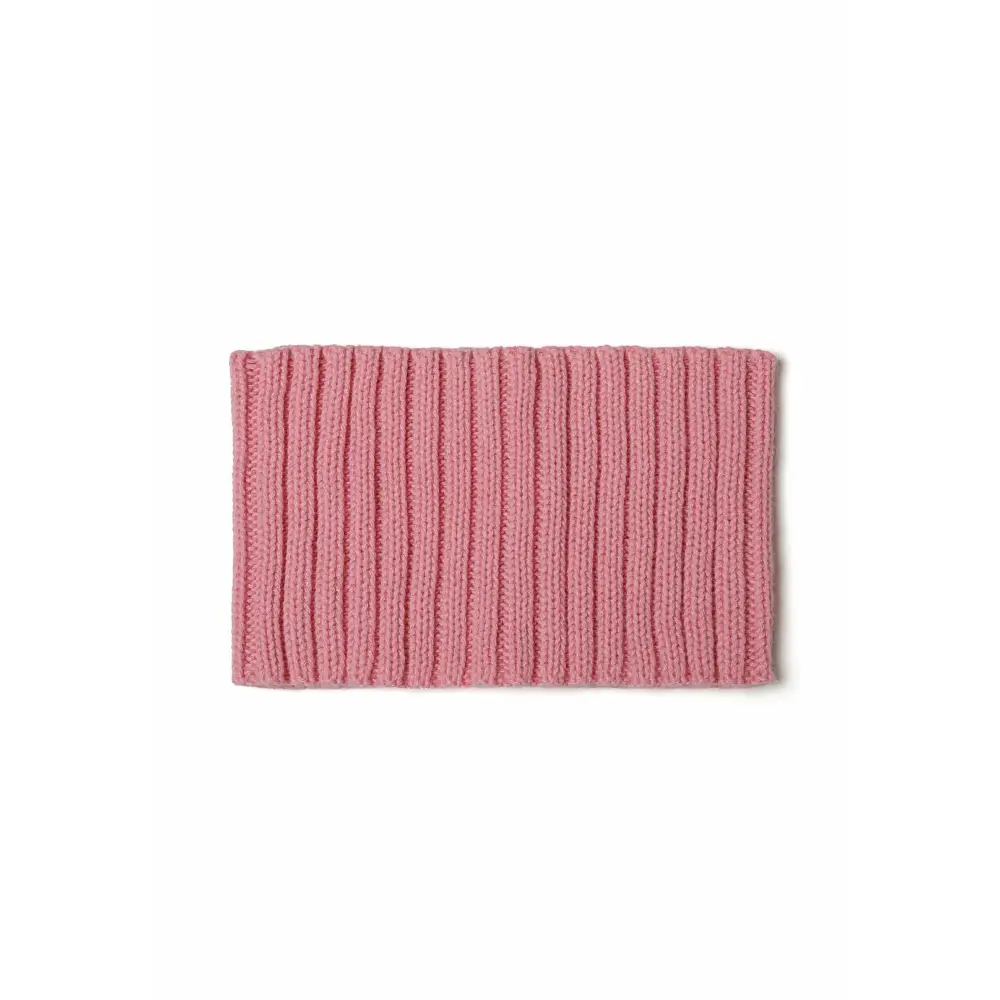 Pink ribbed knitted snood laid flat showing vertical ribbed texture pattern and rectangular tube shape against white background