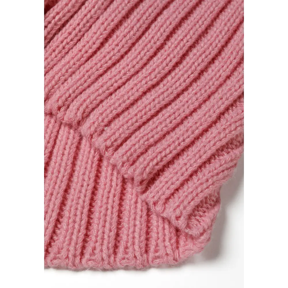 Pink ribbed knitted snood laid flat showing vertical ribbed texture pattern and rectangular tube shape against white background